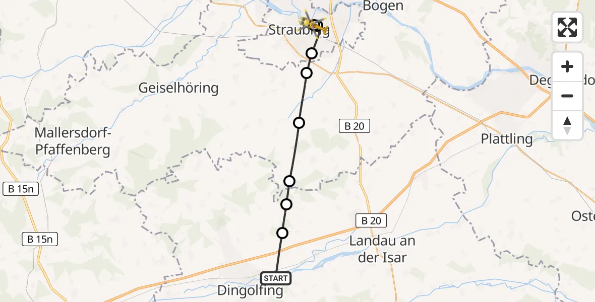 Flugroute Rettungshubschrauber Gottfrieding - Sankt Elisabeth Hospital Straubing, 07 Juni 2026, 14:51