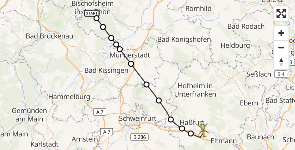 Flugroute Ambulanzhubschrauber Bischofsheim i.d.Rhön - Zeil a.Main, 07 Juni 2026, 14:52