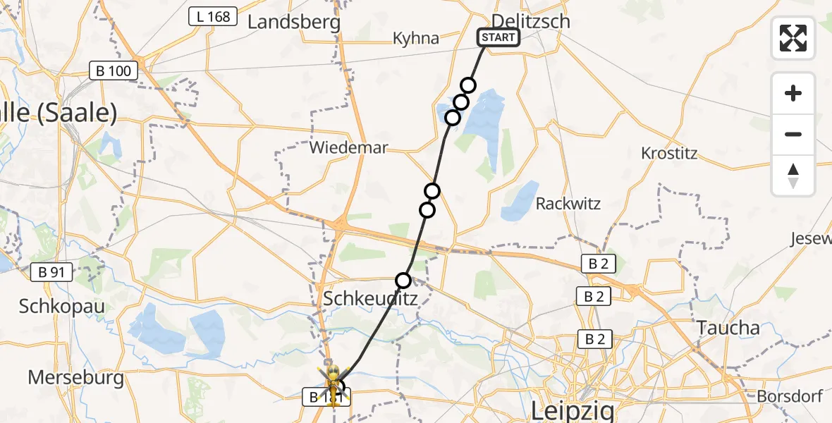 Flugroute Rettungshubschrauber Delitzsch - ADAC Air Rescue Station Leipzig/Schkeuditz-Dölzig Hubschrauberlandeplatz (Christoph 61), 07 Juni 2026, 14:57