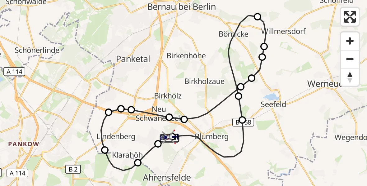 Flugroute Polizeihubschrauber Ahrensfelde Hubschrauberlandeplatz - Ahrensfelde Hubschrauberlandeplatz, 07 Juni 2026, 14:58