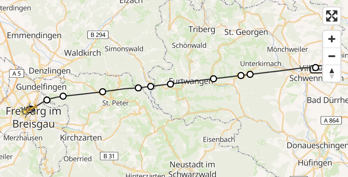 Flugroute Rettungshubschrauber DRF Air Rescue Station Villingen-Schwenningen Hubschrauberlandeplatz (Christoph 11) - Freiburg University Hospital Heliport 1, 07 Juni 2026, 15:02