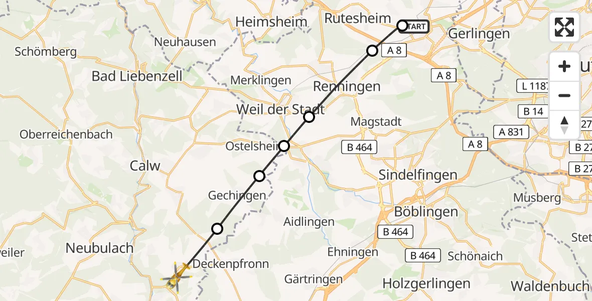 Flugroute Rettungshubschrauber Leonberg Hospital - Wildberg, 07 Juni 2026, 15:14