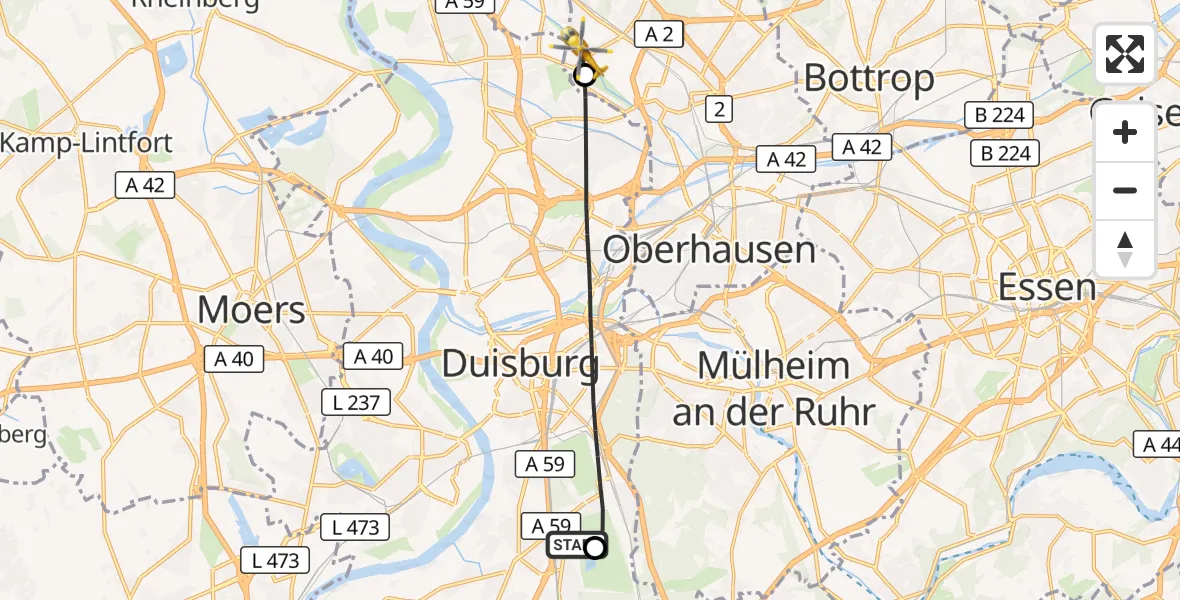 Flugroute Rettungshubschrauber Duisburg Air Rescue Hubschrauberlandeplatz (Christoph 9) - Oberhausen, 07 Juni 2026, 15:14