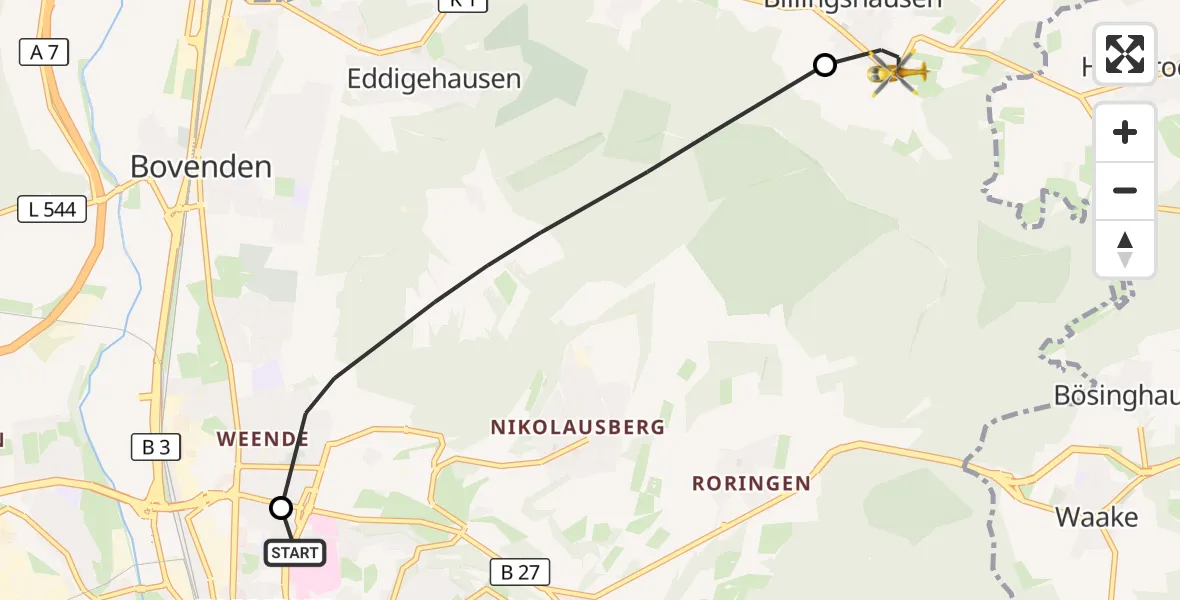 Flugroute Rettungshubschrauber Göttingen University Clinic Hubschrauberlandeplatz - Bovenden, 07 Juni 2026, 15:26