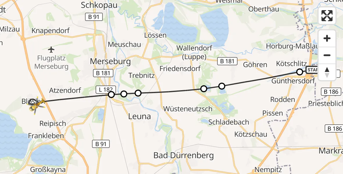 Flugroute Rettungshubschrauber ADAC Air Rescue Station Leipzig/Schkeuditz-Dölzig Hubschrauberlandeplatz (Christoph 61) - Merseburg, 07 Juni 2026, 15:36