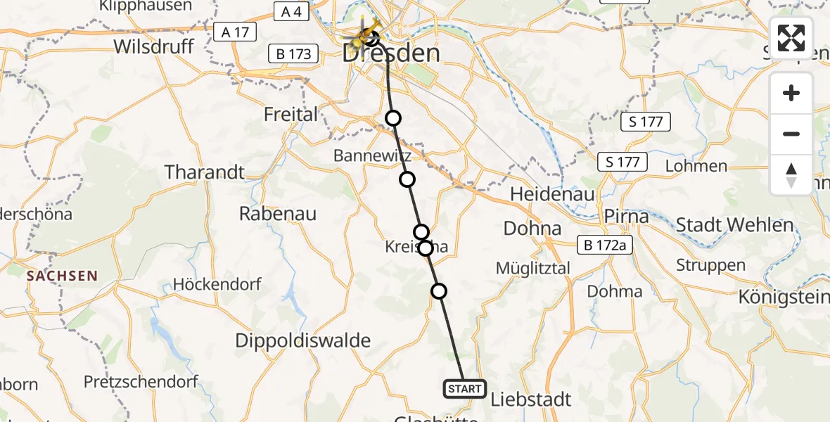 Flugroute Rettungshubschrauber Glashütte - Dresden Friedrichstadt Hospital, 07 Juni 2026, 15:36