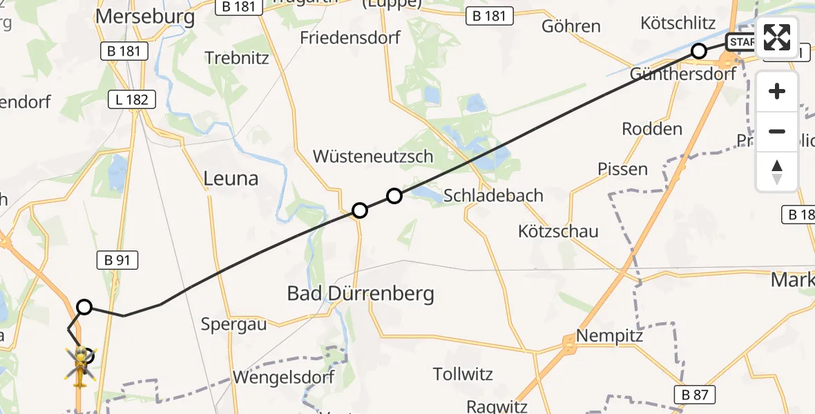 Flugroute Rettungshubschrauber ADAC Air Rescue Station Leipzig/Schkeuditz-Dölzig Hubschrauberlandeplatz (Christoph 61) - Leuna, 07 Juni 2026, 15:43