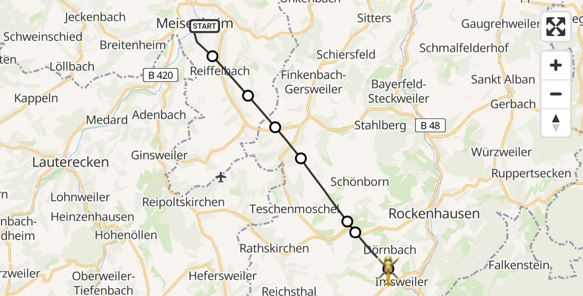 Flugroute Rettungshubschrauber Meisenheim - Imsweiler UL, 07 Juni 2026, 15:51