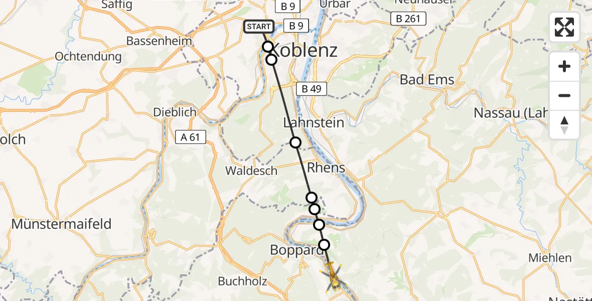 Flugroute Rettungshubschrauber Koblenz - Boppard, 07 Juni 2026, 15:54