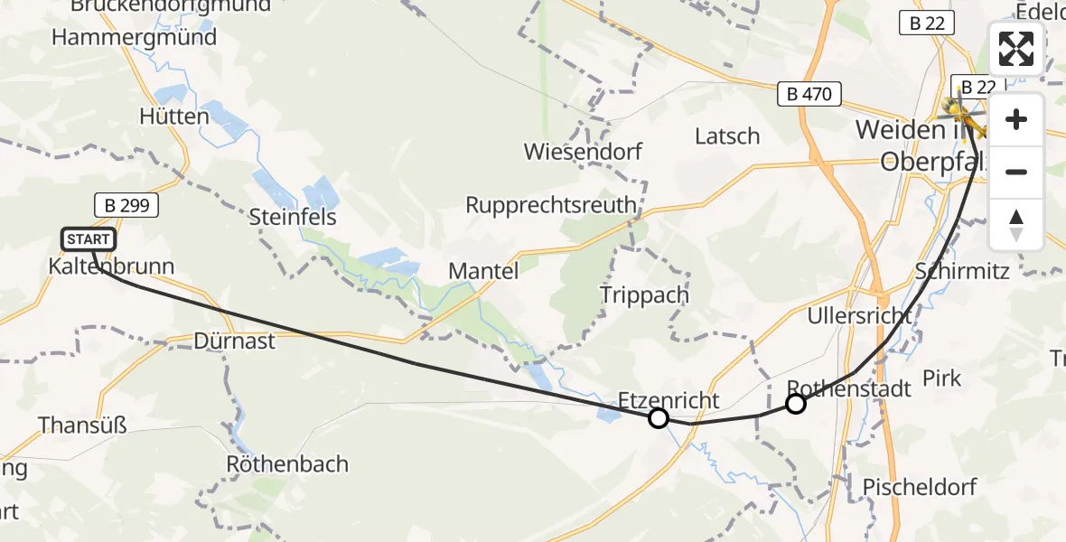 Flugroute Rettungshubschrauber Weiherhammer - Weiden Hospital Hubschrauberlandeplatz, 07 Juni 2026, 15:58