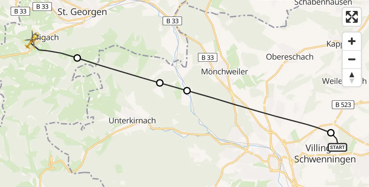 Flugroute Ambulanzhubschrauber DRF Air Rescue Station Villingen-Schwenningen Hubschrauberlandeplatz (Christoph 11) - St. Georgen im Schwarzwald, 07 Juni 2026, 16:01