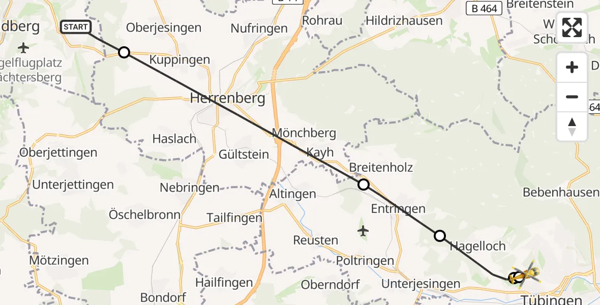 Flugroute Rettungshubschrauber Wildberg - Tübingen University Hospital, 07 Juni 2026, 16:06