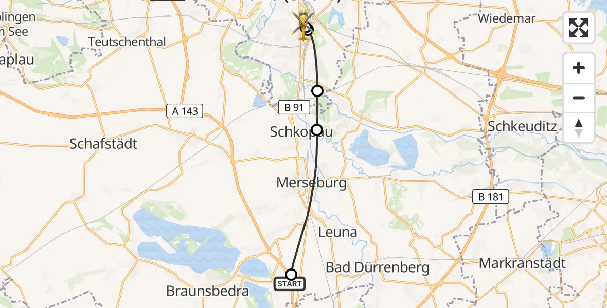 Flugroute Rettungshubschrauber Braunsbedra - BG Hospital Bergmannstrost Halle, 07 Juni 2026, 16:14