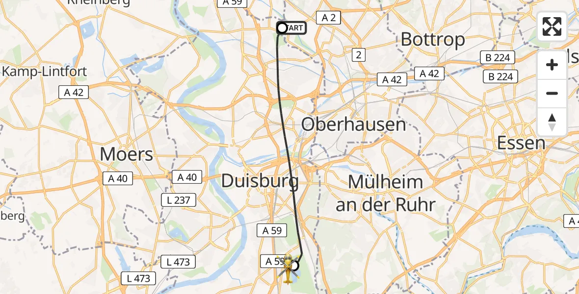 Flugroute Rettungshubschrauber Oberhausen - Duisburg Air Rescue Hubschrauberlandeplatz (Christoph 9), 07 Juni 2026, 16:26
