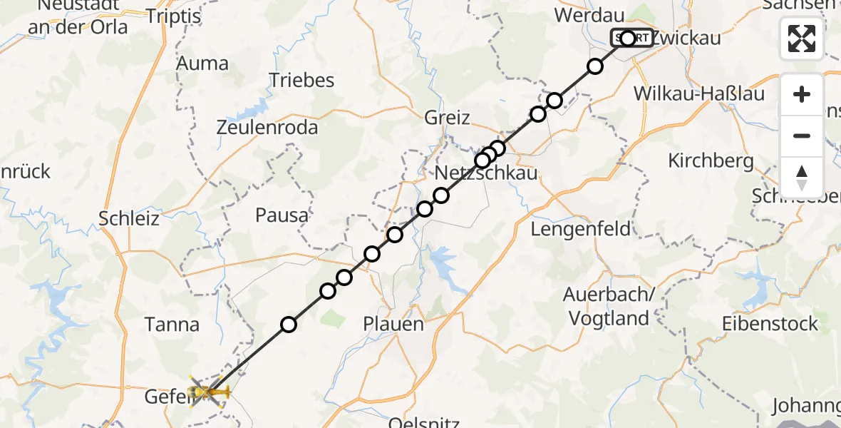 Flugroute Rettungshubschrauber ADAC Air Rescue Station Zwickau Hubschrauberlandeplatz - Weischlitz, 07 Juni 2026, 16:26