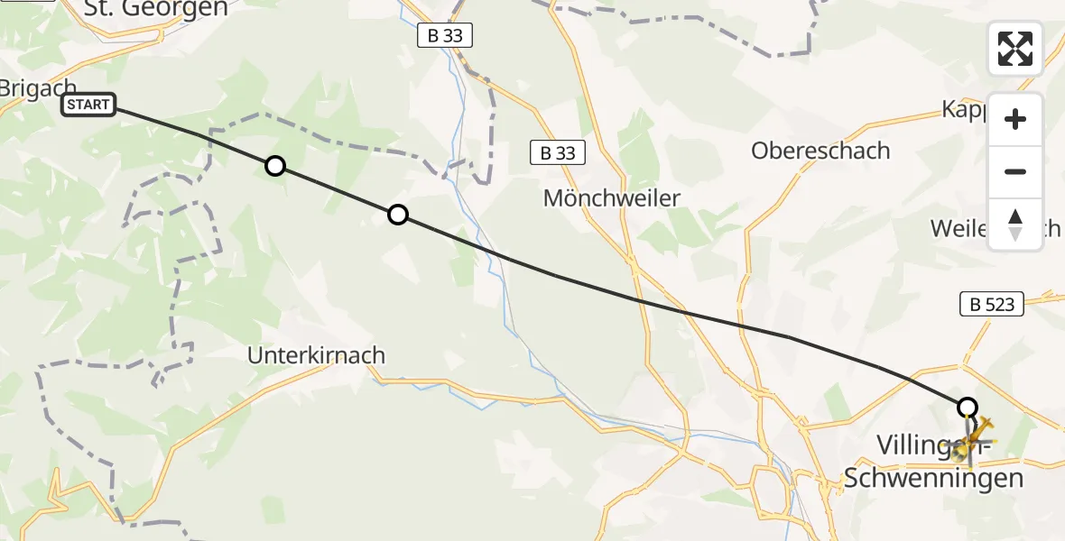 Flugroute Ambulanzhubschrauber St. Georgen im Schwarzwald - DRF Air Rescue Station Villingen-Schwenningen Hubschrauberlandeplatz (Christoph 11), 07 Juni 2026, 16:34