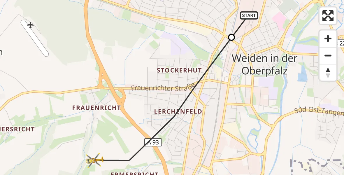 Flugroute Rettungshubschrauber Weiden Hospital - Weiden i.d.OPf., 07 Juni 2026, 16:36