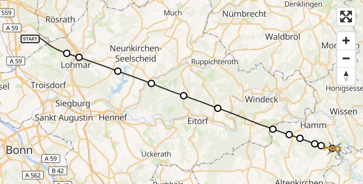 Flugroute Rettungshubschrauber Köln Bonn Flughafen - Helmeroth, 07 Juni 2026, 16:37