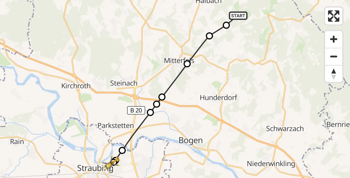 Flugroute Rettungshubschrauber Haibach - Sankt Elisabeth Hospital Straubing, 07 Juni 2026, 16:38