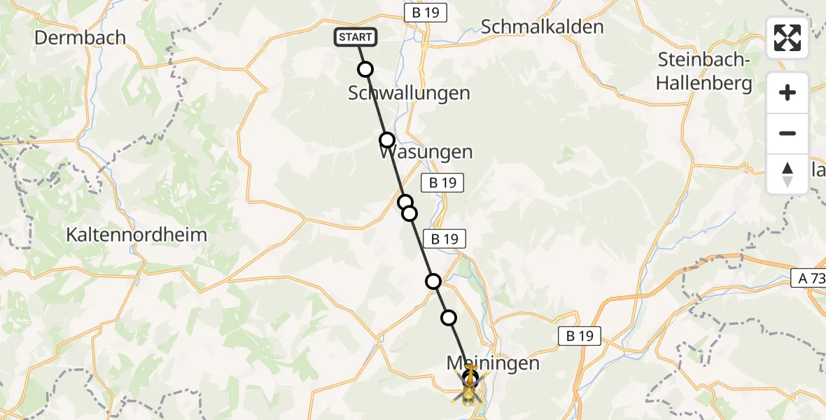 Flugroute Rettungshubschrauber Schmalkalden - Helios Clinic Meiningen, 07 Juni 2026, 16:48