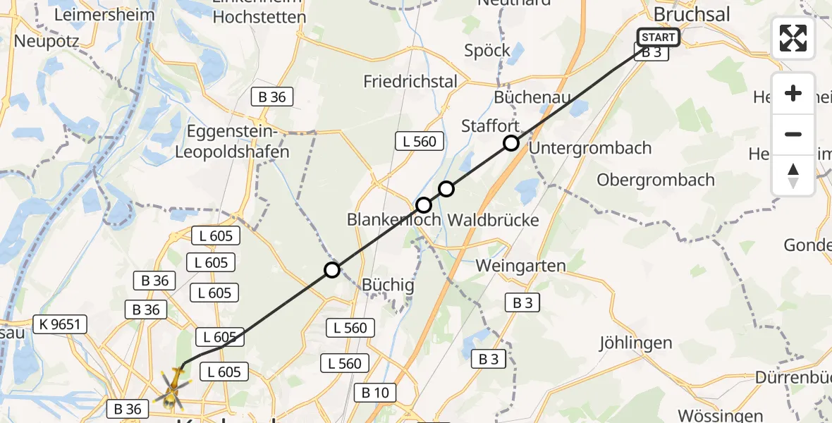 Flugroute Ambulanzhubschrauber Bruchsal - Karlsruhe, 07 Juni 2026, 17:02
