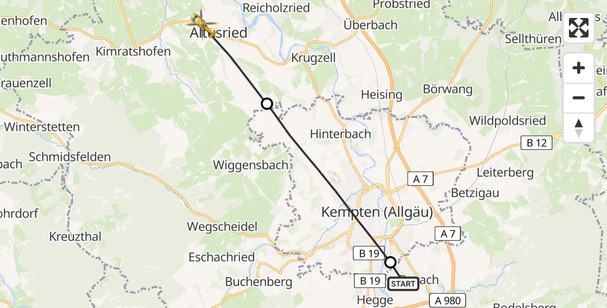 Flugroute Rettungshubschrauber Durach - Altusried, 07 Juni 2026, 17:04