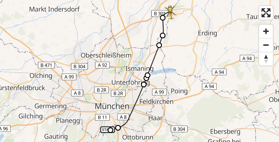 Flugroute Rettungshubschrauber ADAC Air Rescue Center Hubschrauberlandeplatz (Christoph 1) - München Flughafen, 07 Juni 2026, 17:06
