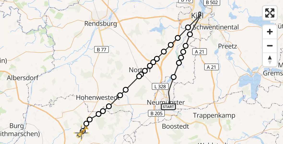 Flugroute Rettungshubschrauber Neumünster - Itzehoe Hungriger Wolf Flugplatz, 07 Juni 2026, 17:07