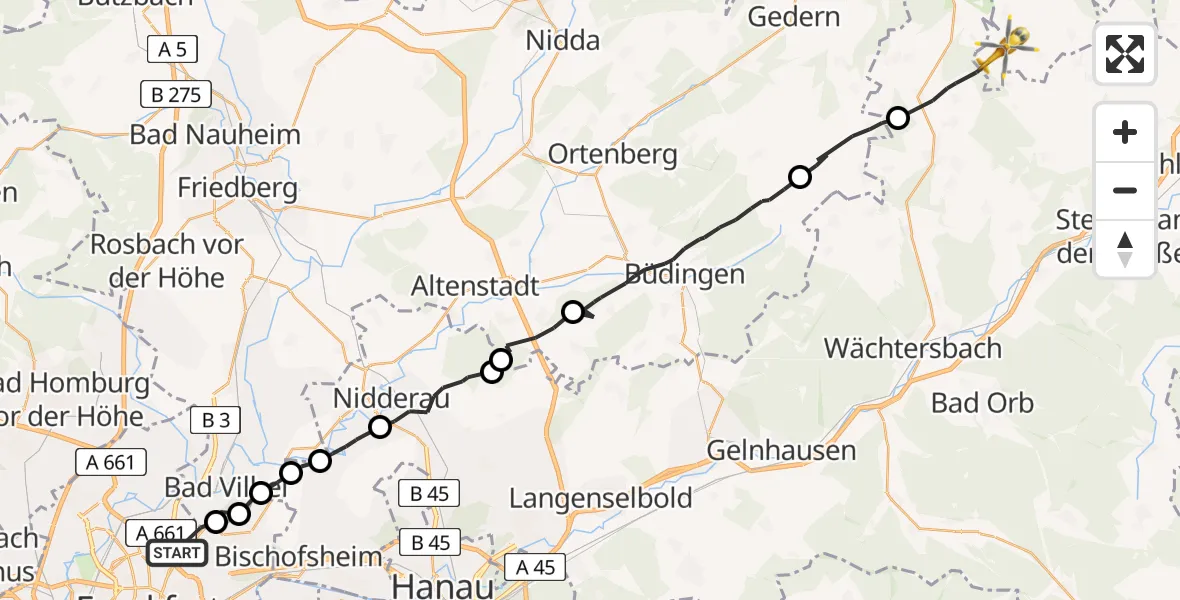 Flugroute Rettungshubschrauber Frankfurt am Main - Freiensteinau, 07 Juni 2026, 17:10