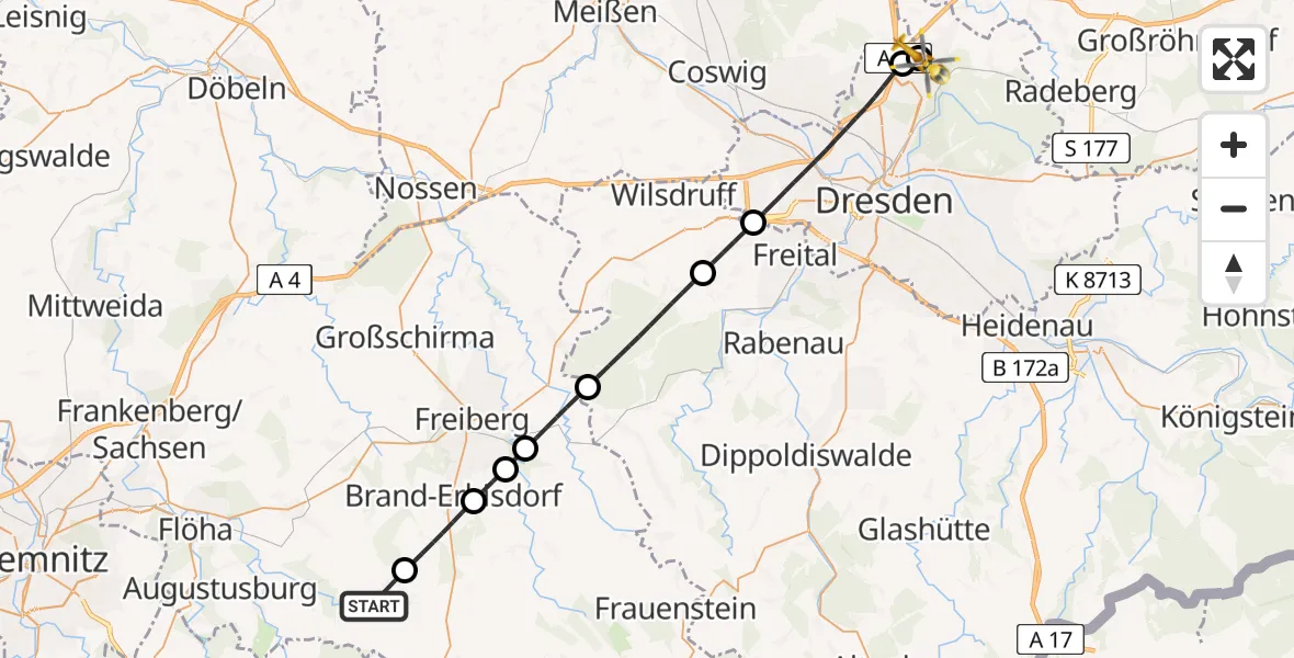 Flugroute Rettungshubschrauber Eppendorf - Dresden Bundespolizei Hubschrauberlandeplatz, 07 Juni 2026, 17:14