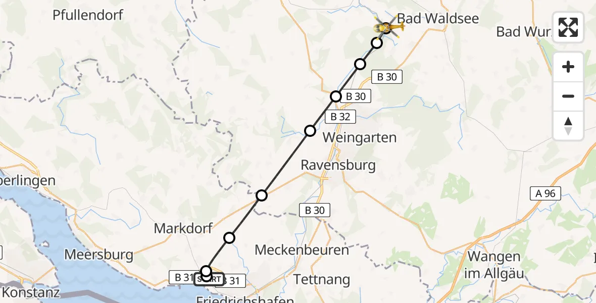 Flugroute Rettungshubschrauber Friedrichshafen Hospital - Bad Waldsee, 07 Juni 2026, 17:16