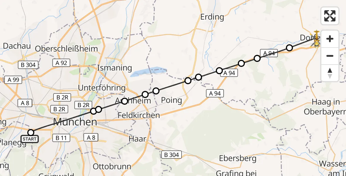 Flugroute Rettungshubschrauber DRF Air Rescue München Hubschrauberlandeplatz - Dorfen, 07 Juni 2026, 17:18