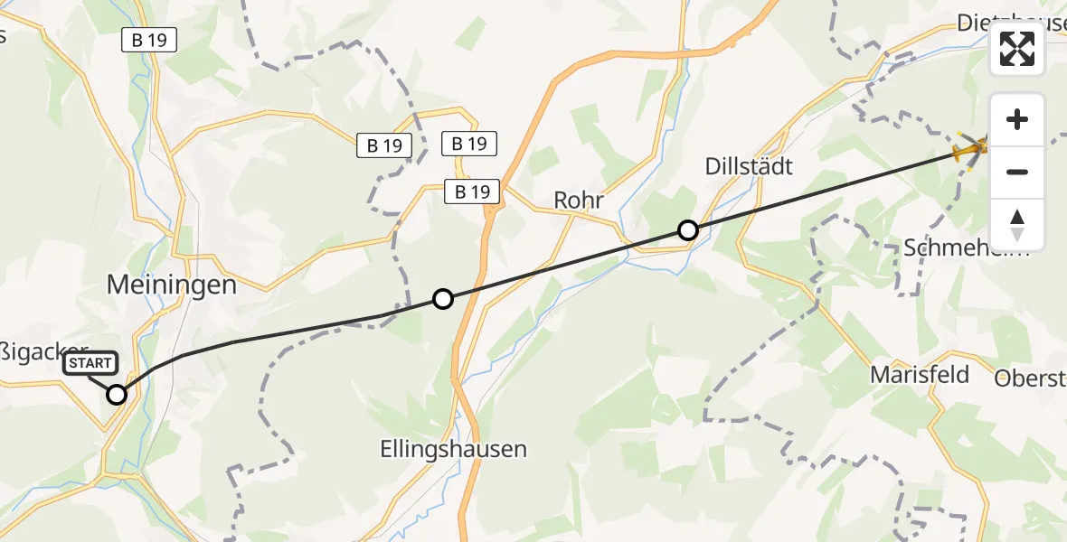 Flugroute Rettungshubschrauber Helios Clinic Meiningen - Suhl, 07 Juni 2026, 17:20