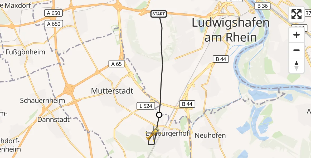 Flugroute Rettungshubschrauber Ludwigshafen am Rhein - Limburgerhof, 07 Juni 2026, 17:27
