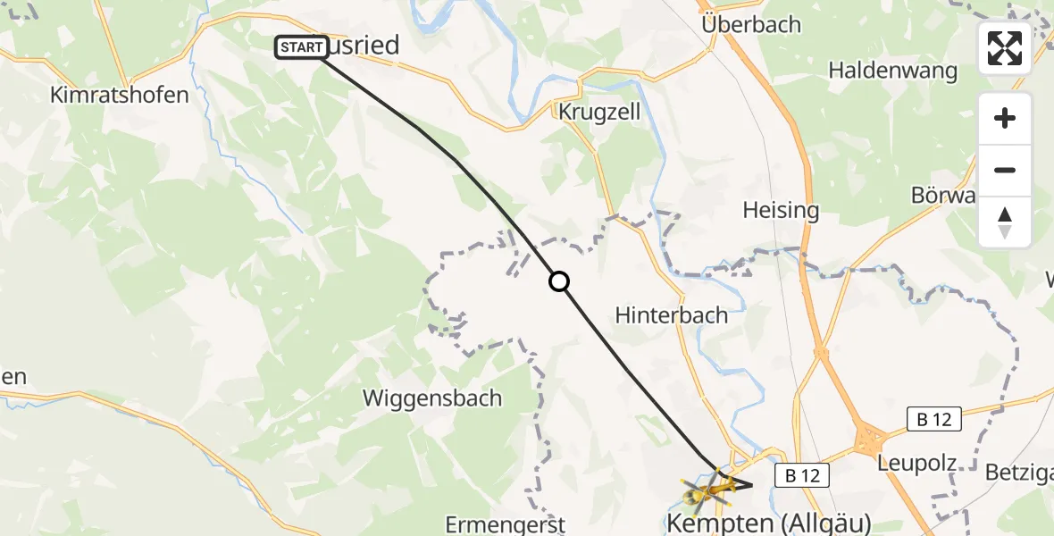 Flugroute Rettungshubschrauber Altusried - Kempten (Allgäu), 07 Juni 2026, 17:37