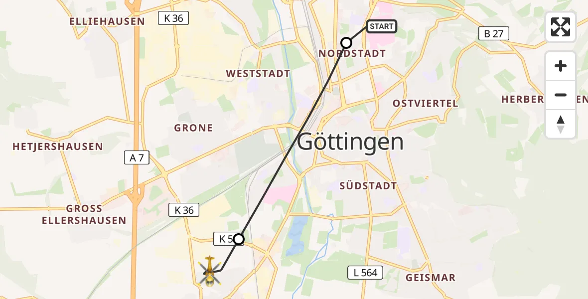 Flugroute Rettungshubschrauber Göttingen University Clinic Hubschrauberlandeplatz - Rosdorf, 07 Juni 2026, 17:44