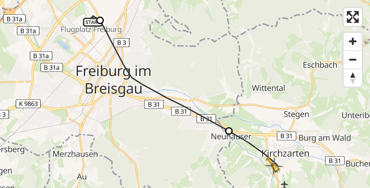 Flugroute Rettungshubschrauber Freiburg im Breisgau Flugplatz - Kirchzarten, 07 Juni 2026, 17:45