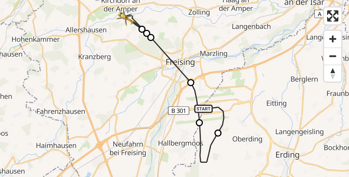 Flugroute Rettungshubschrauber München Flughafen - Kirchdorf a.d.Amper, 07 Juni 2026, 17:45