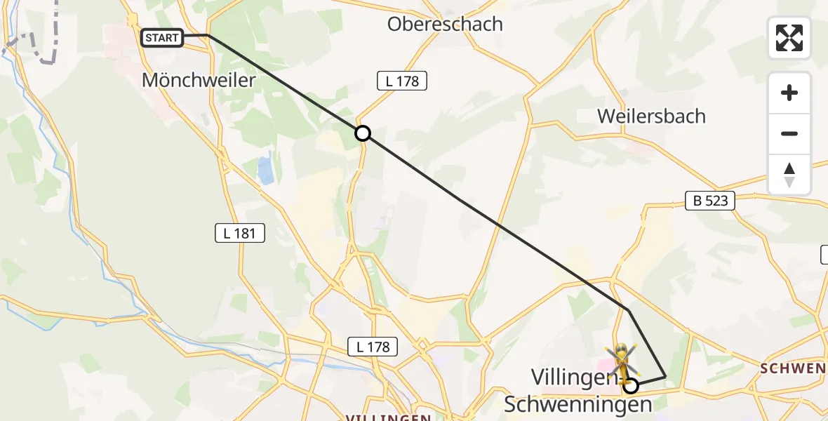Flugroute Ambulanzhubschrauber Mönchweiler - DRF Air Rescue Station Villingen-Schwenningen Hubschrauberlandeplatz (Christoph 11), 07 Juni 2026, 17:45