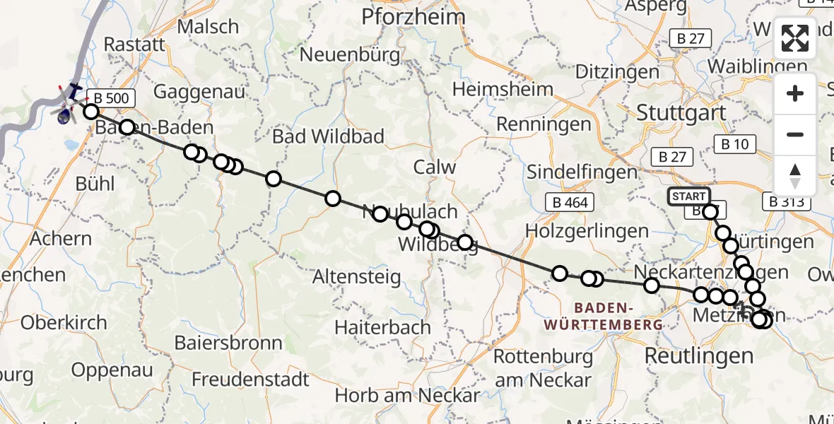 Flugroute Polizeihubschrauber Flughafen Stuttgart - Karlsruhe Baden-Baden Flughafen, 07 Juni 2026, 17:51