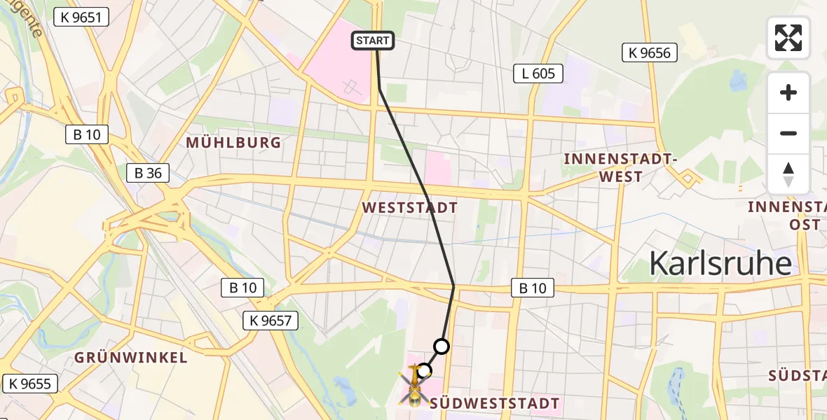 Flugroute Ambulanzhubschrauber Karlsruhe - Sankt Vincentius Hospital, 07 Juni 2026, 17:56