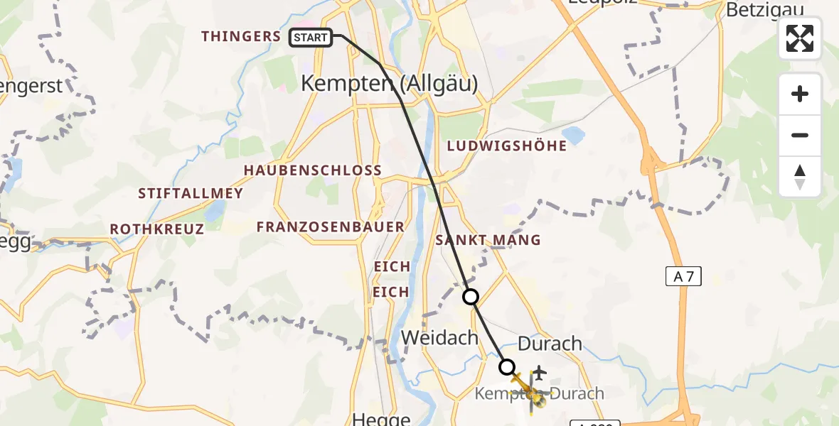 Flugroute Rettungshubschrauber Kempten (Allgäu) - Kempten-Durach Flugplatz, 07 Juni 2026, 18:03