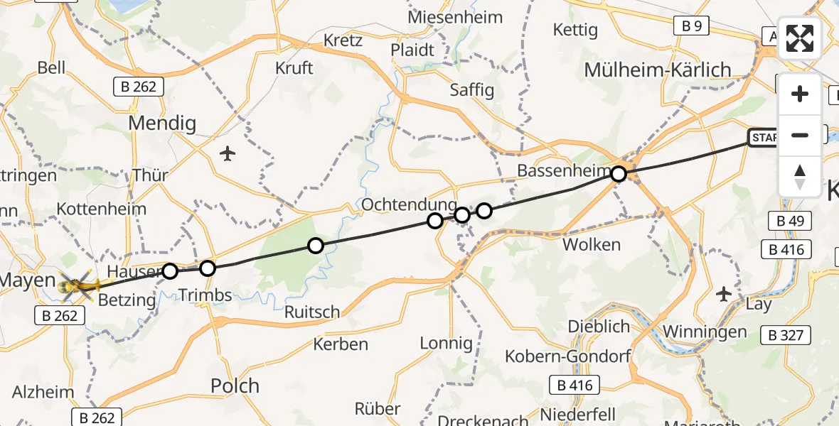 Flugroute Rettungshubschrauber Koblenz - Mayen, 07 Juni 2026, 18:05