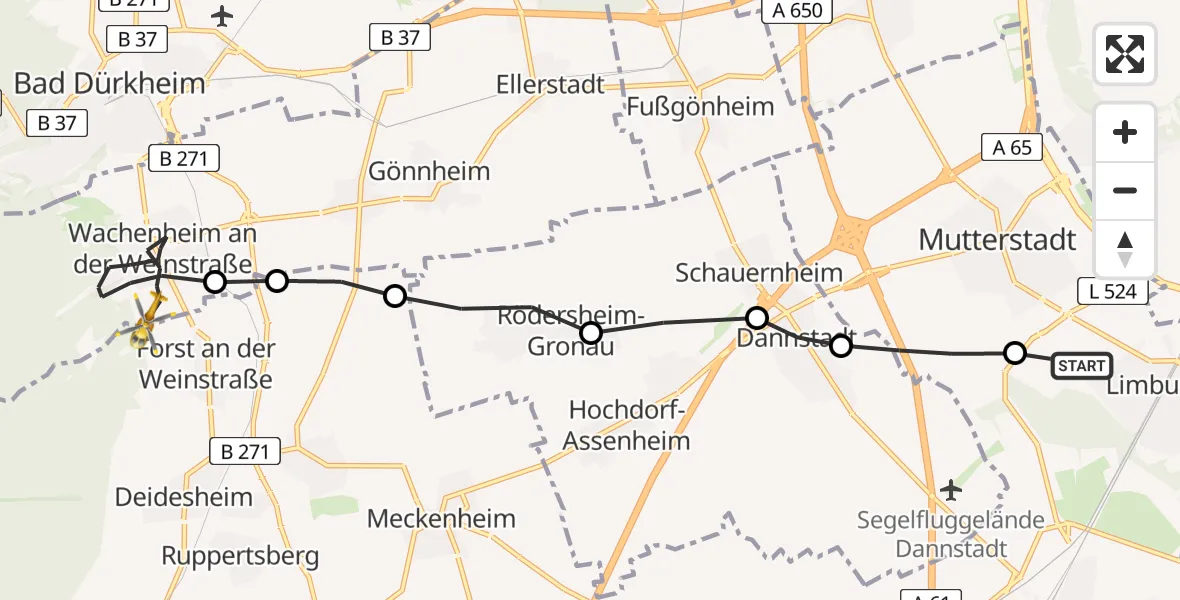 Flugroute Rettungshubschrauber Limburgerhof - Forst an der Weinstraße, 07 Juni 2026, 18:05