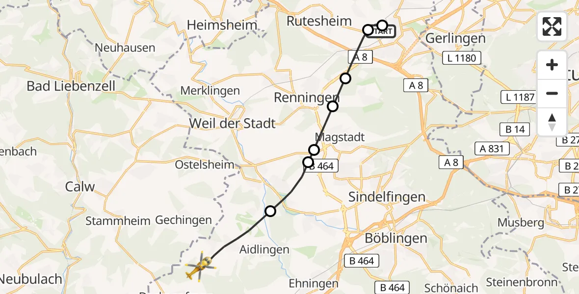 Flugroute Rettungshubschrauber Leonberg Hospital - Aidlingen, 07 Juni 2026, 18:10