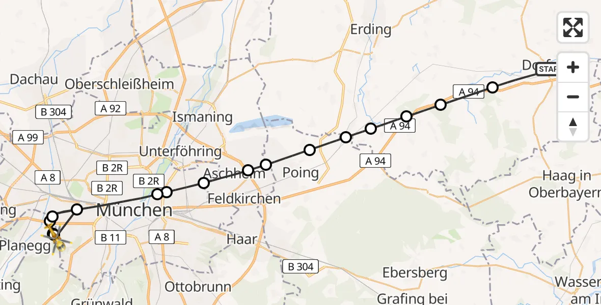Flugroute Rettungshubschrauber Dorfen - DRF Air Rescue München Hubschrauberlandeplatz, 07 Juni 2026, 18:13