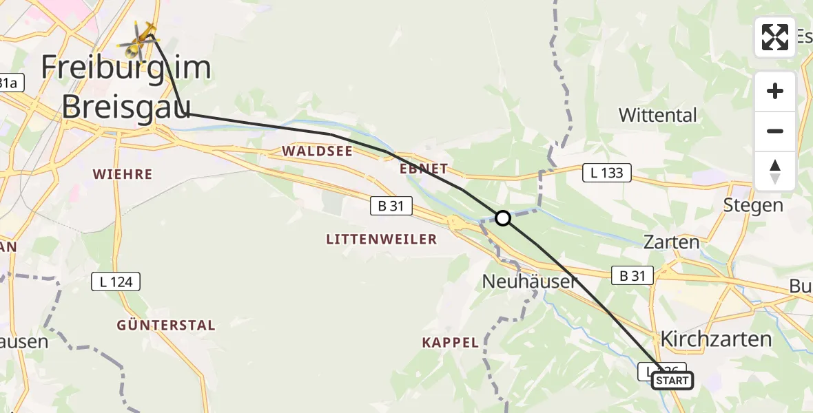 Flugroute Rettungshubschrauber Kirchzarten - Freiburg im Breisgau, 07 Juni 2026, 18:23
