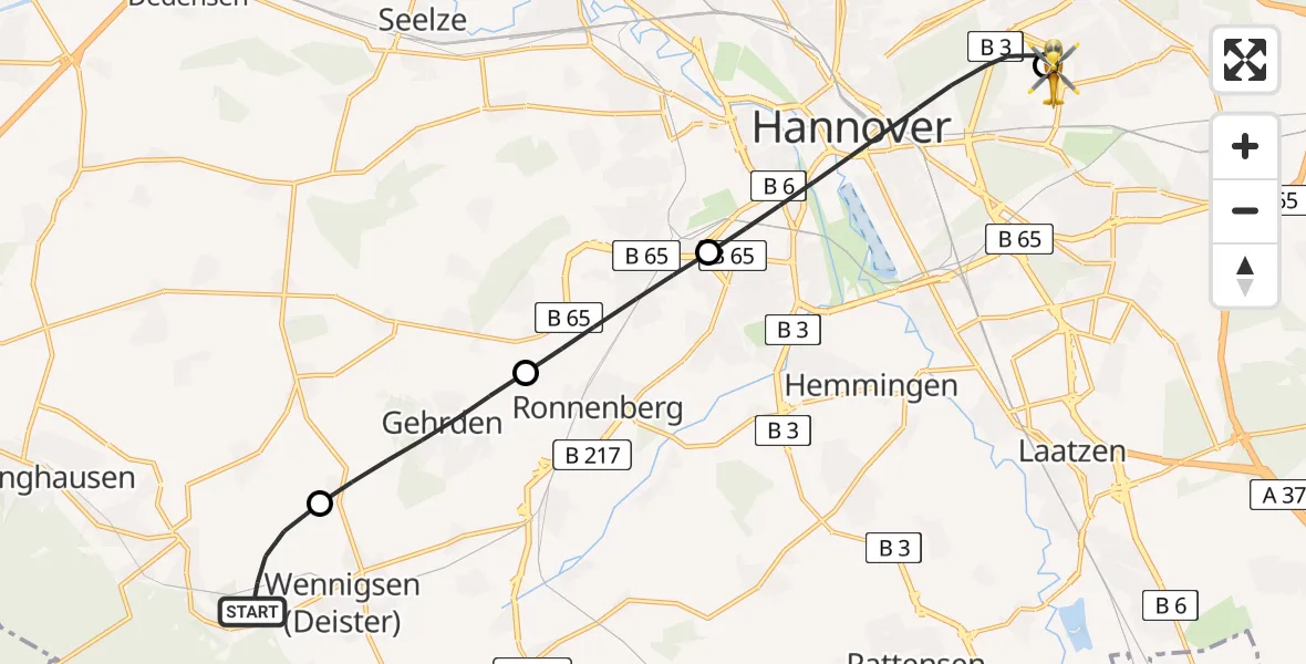 Flugroute Rettungshubschrauber Wennigsen (Deister) - Hannover Luftrettung Hubschrauberlandeplatz (Christoph 4), 07 Juni 2026, 18:23