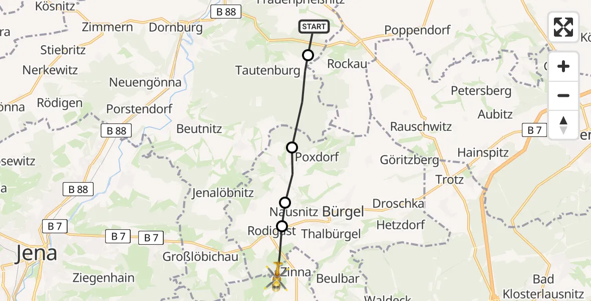 Flugroute Rettungshubschrauber Frauenprießnitz - Schöngleina, 07 Juni 2026, 18:25