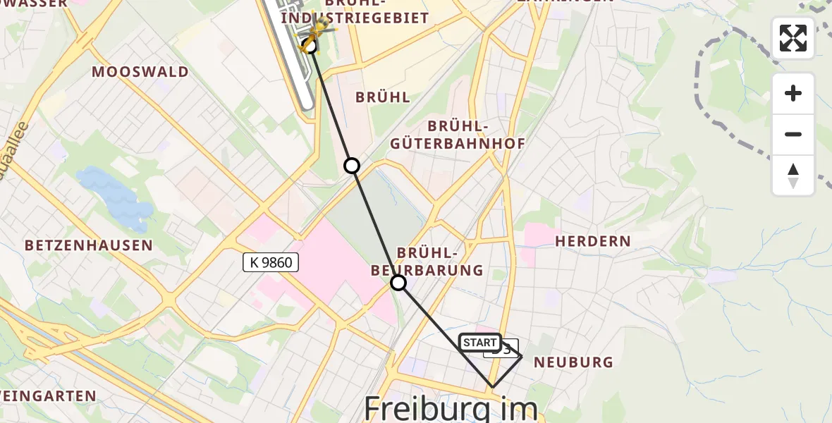 Flugroute Rettungshubschrauber Freiburg im Breisgau - Freiburg im Breisgau Flugplatz, 07 Juni 2026, 18:30